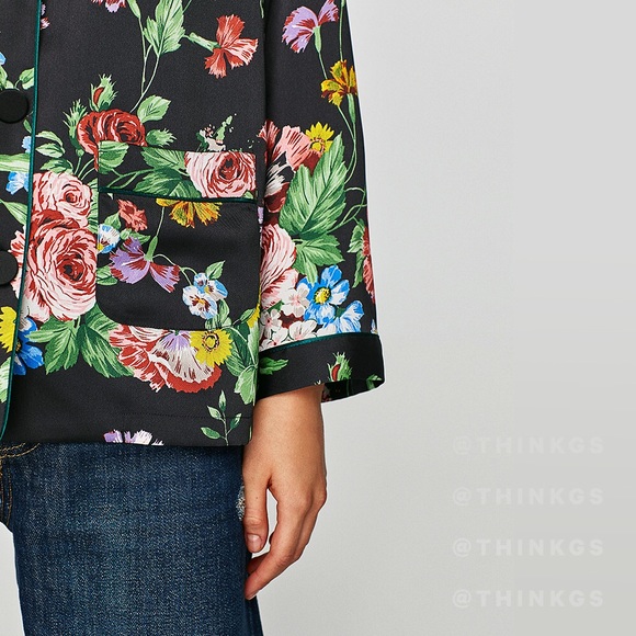 Zara Floral Blouse w/ Emerald Piping - Picture 3 of 6